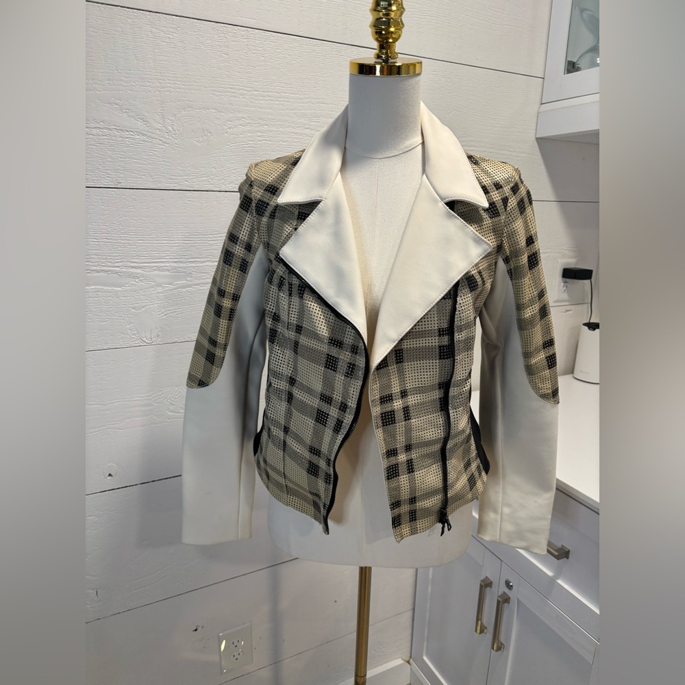 DROME Leather Moto Jacket S Plaid Panel Italy | Cream Black Asym Zip Lambskin - Picture 3 of 9